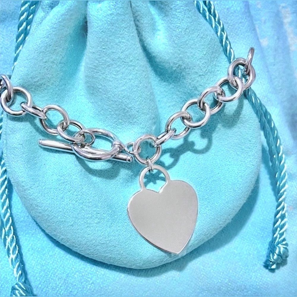 LOVE 14K WHITE GOLD Heart Tag Charm Toggle ROUND LINK Bracelet approx 13+gm 7.5”